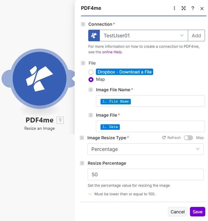 Das PDF4me-Modul „Bildgröße ändern“ ist wie folgt konfiguriert: Verbindung, Datei zugeordnet mit Bilddateiname und Bilddatei, Bildgrößenänderungstyp auf Prozent und Größenänderungsprozentsatz auf 50 % eingestellt.